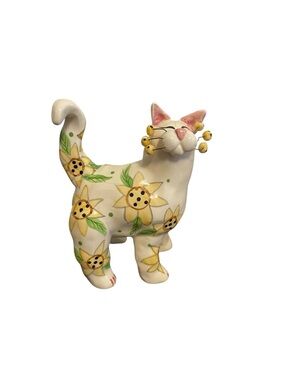 Annaco Creations 2001 Sunflower Cat Ceramic Figurine Whimsical Wire Whiskers
